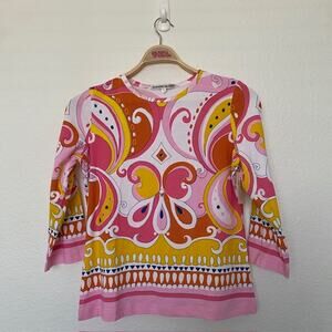Barbara Gerwit 3/4 Sleeve Top Engineered‎ Knit Paisley Pink Multi Women's L NWT